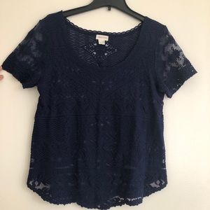 meadow rue navy lace-like patterned top